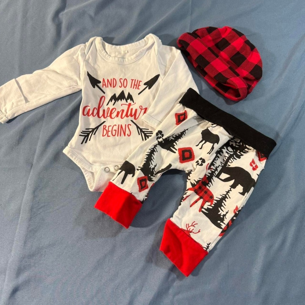 Infant 0-3 month 3PC Set Bodysuit Woodland Pants Buffalo Plaid Hat